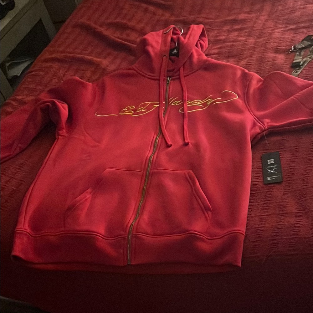 Red Ed Hardy Hoodie with Yellow Logo